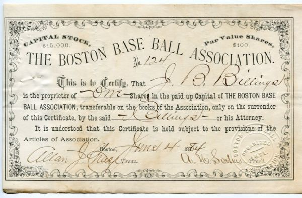 1884 Boston Base Ball Association Stock certificate 