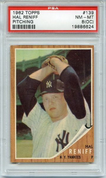 1962 Topps #139 Hal Reniff Pitching Green Tint PSA 8 oc