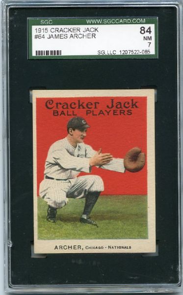 E145 1915 Cracker Jack #64 James Archer, Chicago Cubs SGC 84