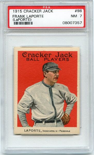 E145 1915 Cracker Jack #98 Frank LaPorte, Indianapolis Federals PSA 7