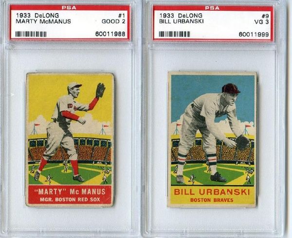 1933 Delong Lot of Two Cards #1 Marty McManus PSA 2 & #9 Bill Urbanski PSA 3