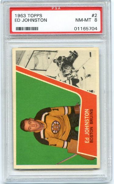1963 Topps Hockey #2 Ed Johnston Rookie Card PSA 8