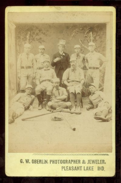 1800s Indiana Baseball Team cabinet card by Oberlin- Ornately dressed w/ lots of equipment