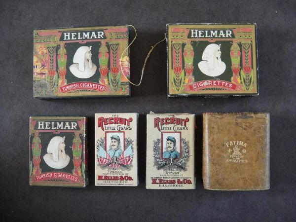 Lot of Six Vintage Cigarette Boxes Including Helmar, Recruit & Fatima