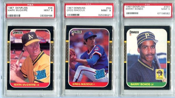 1987 Donruss Lot of Three Maddux, Bonds and McGwire all PSA 9