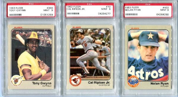 1983 Fleer Lot of Three PSA 9s Ripken, Ryan and Gwynn