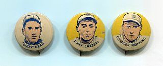 1930 PR4 Cracker Jack Pins Lot of Three HOFers Dizzy Dean, Tony Lazzeri & Red Ruffing