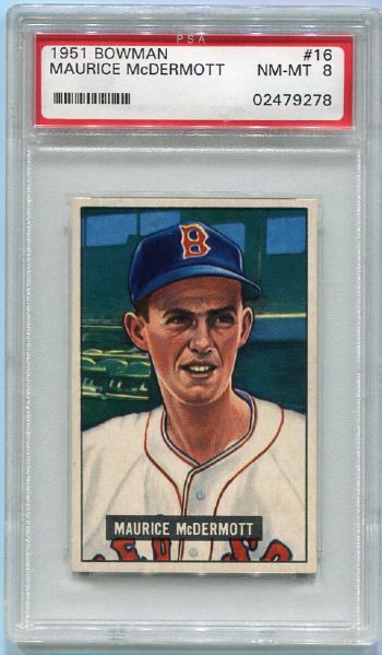 1951 Bowman #16 Maurice McDermott Boston Red Sox PSA 8