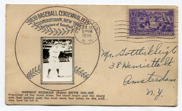 1939 Babe Ruth RPPC Cooperstown Baseball Centennial Postcard 
