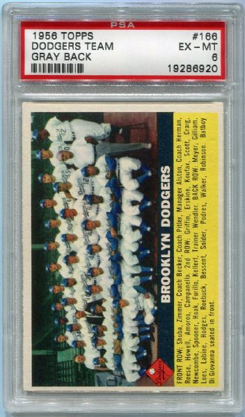 1956 Topps #166 Dodgers Team Card Gray Back PSA 6