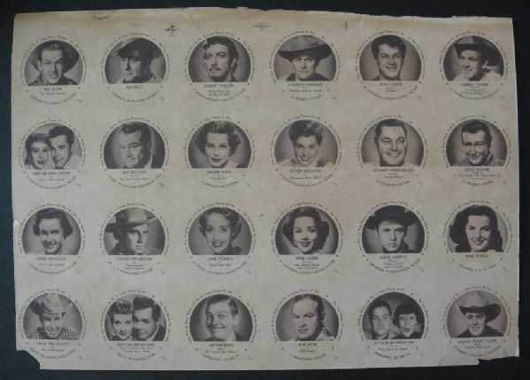 1953 Dixie Lids Movie Stars Sheet of Twenty-Four
