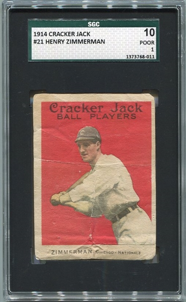 E145-1 1914 Cracker Jack #21 Henry Zimmerman SGC 10