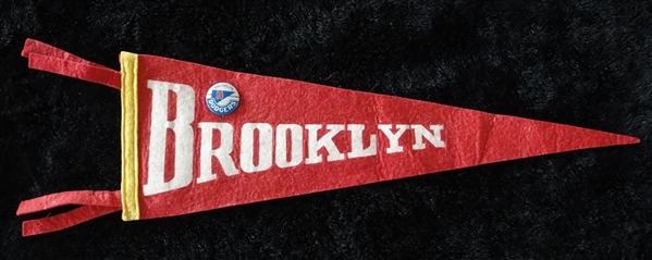 Circa 1940/50s 18" Red Brooklyn Pennant with Dodgers Pinback