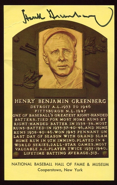 1964-Date Yellow HOF Plaque Hank Greenberg Autographed