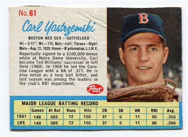 1962 Post Cereal #61 Carl Yasztrzemski
