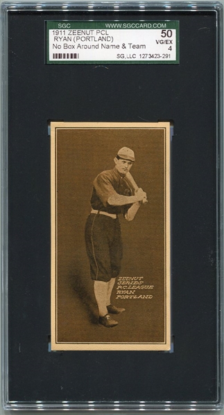 E136 1911 Zeenut John Ryan Portland No Box SGC 50 Highest Graded!