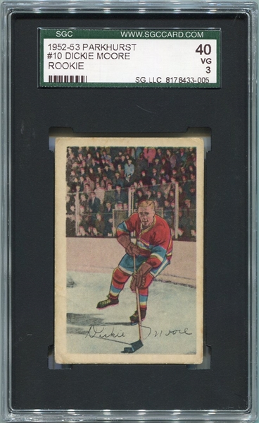 1952-53 Parkhurst Hockey #10 Dickie Moore Rookie Card SGC 40