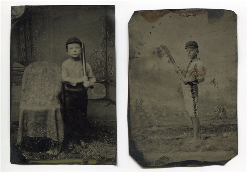 Pair of 19th Century Tintypes of Children In Baseball Uniforms with Bats
