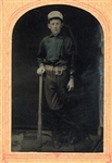 1/6th Plate Color Tinted Tintype of Baseball Player in Full Uniform with Bat