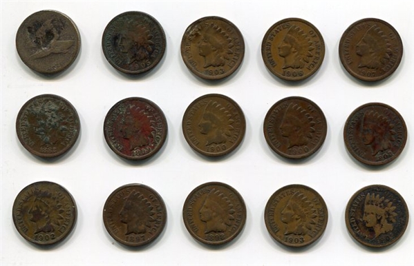1857 Flying Eagle Cent and 14 Indian Head Cents 1882-1908(mostly different)