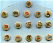 1890's Sweet Caporal State Seal and Flag of Nations Pinback lot of 16 Different