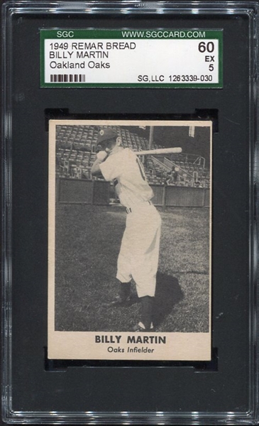 1949 PCL Remar Bread Billy Martin Oakland Oaks SGC 60 Rookie Card