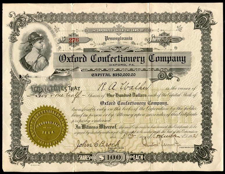 Oxford Confectionary Stock Certificate Letterhead and Movie Card