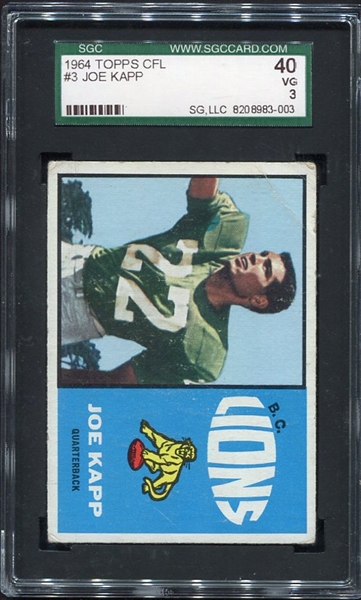 1964 Topps CFL #3 Joe Kapp B.C. Lions SGC 40