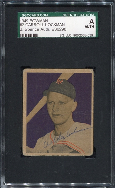 1949 Bowman #2 Whitey Lockman Signed Card SGC AUTH