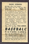 1952 Bowman #217 Casey Stengel Exmt
