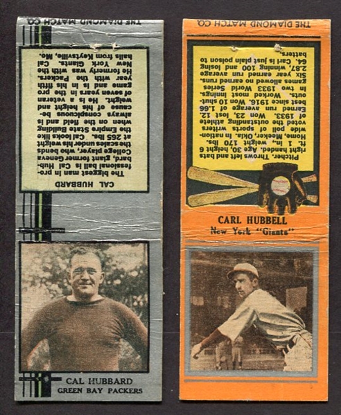 1930s Diamond Match Co. Covers Cal Hubbard Packers & Carl Hubbell Giants