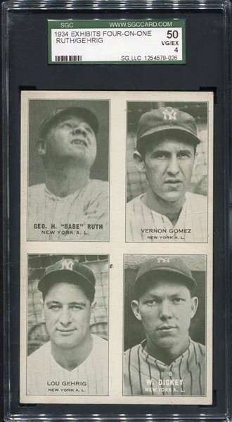 1934 Exhibit 4 on 1 Ruth/Gomez/Gehrig/Dickey SGC 50