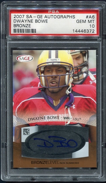 2007 SA-GE Autographs #A6 Dwayne Bowe Bronze PSA 10 Gem Mint