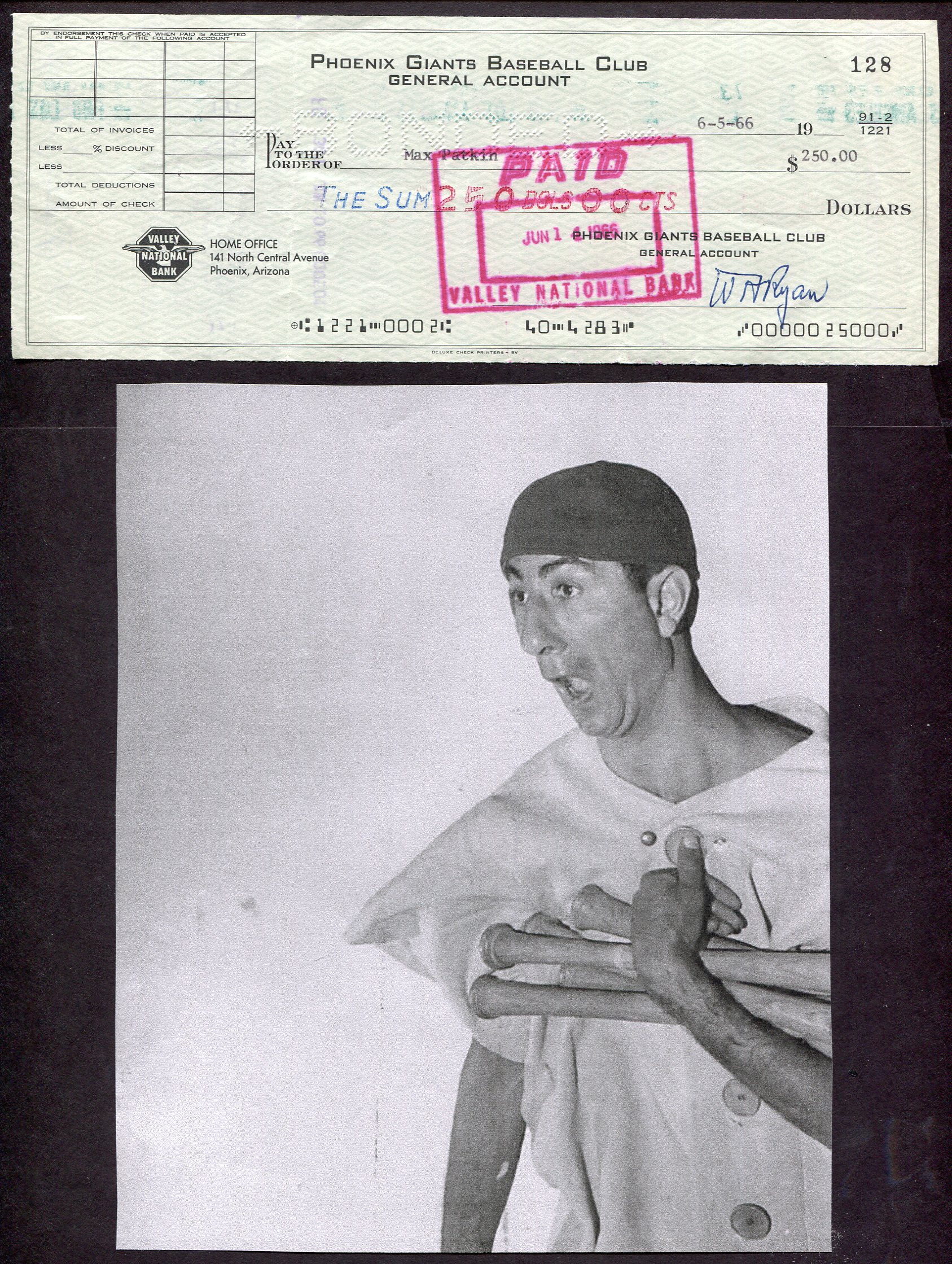 Lot Detail - Max Patkin Clown Prince of Baseball Endorsed Check & 8 x 10