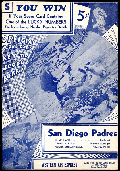 1937 San Diego Padres Score Card w/Ted Williams