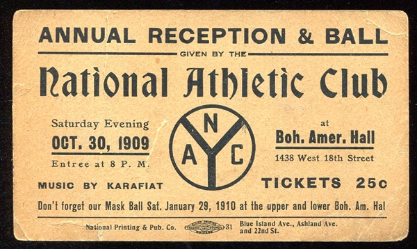 1909 National Athletic Club Ticket