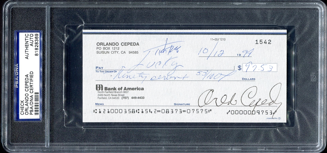 Orlando Cepeda Signed Check PSA/DNA Authentic
