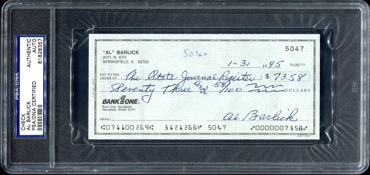 Al Barlick Signed Check PSA/DNA Authentic