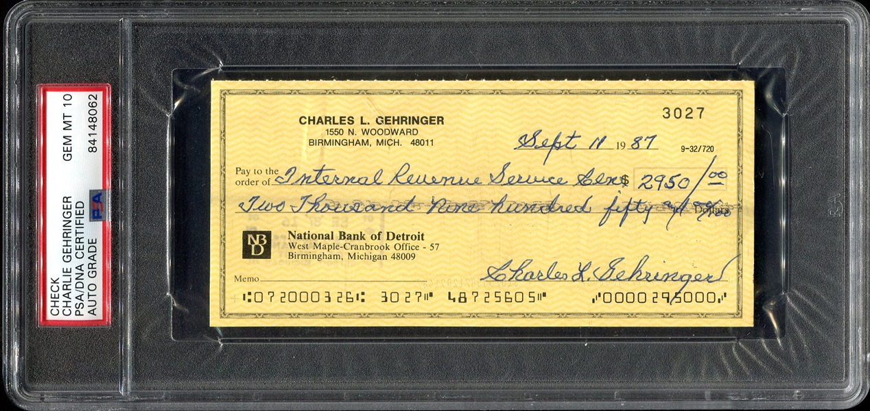 Charles Gehringer Signed Check PSA Gem Mint 10 Auto