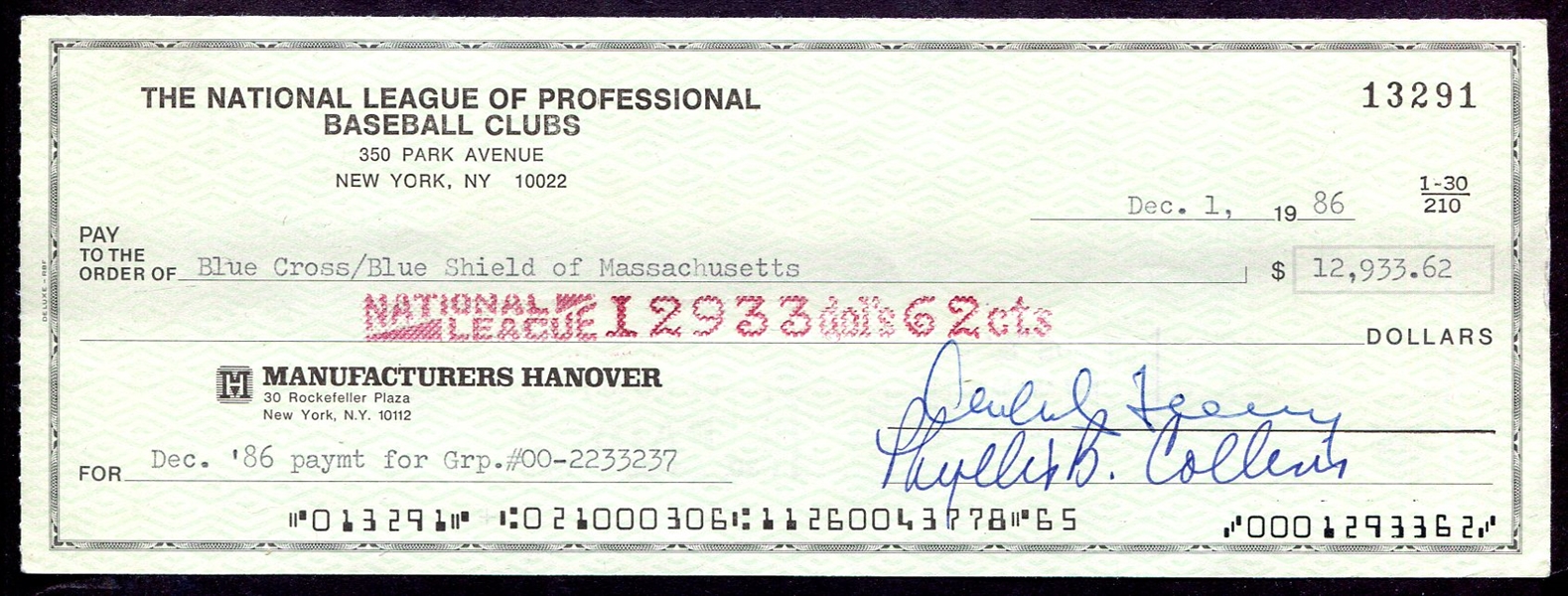 Chub Feeney Signed Check 