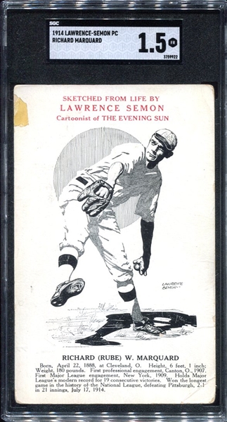 1914 Lawrence Semon Richard "Rube" Marquard Postcard SGC 1.5