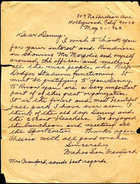 Wahoo Sam Crawford Signed Letter