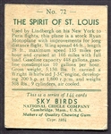 1934 National Chicle Sky Birds #72 The Spirit of St. Louis