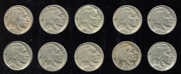 1913-1937 Buffalo Nickels Lot of 10 w/Better Dates