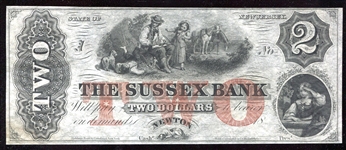 1800's Uncirculated $2 Sussex Bank Note High Grade