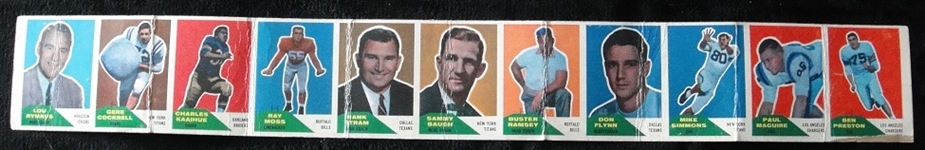 1960 Fleer Football Uncut Strip of 11
