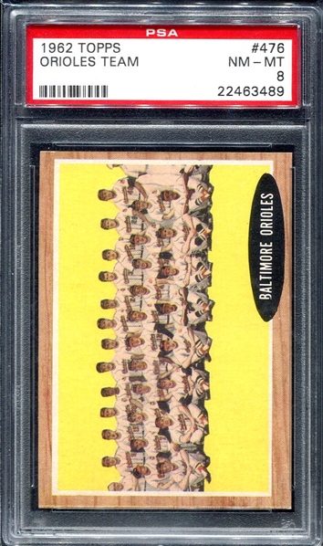 1962 Topps #476 Orioles Team Card PSA 8
