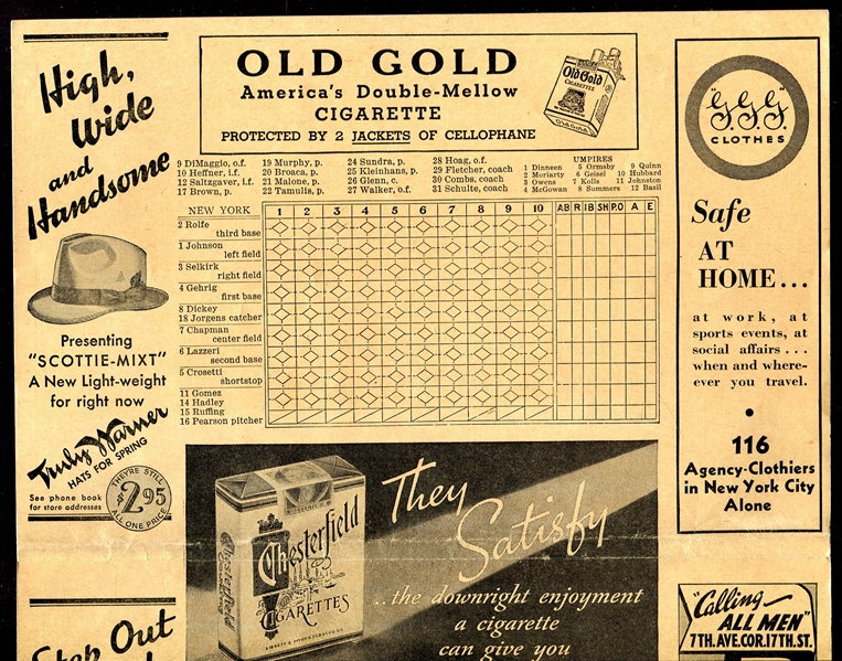 1936 New York Yankees Score Card