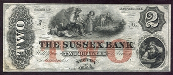 1800's Sussex Bank $2 Bill