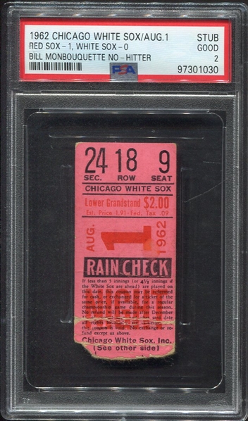 1962 Bill Monbouquette No-Hitter Ticket Stub PSA 2